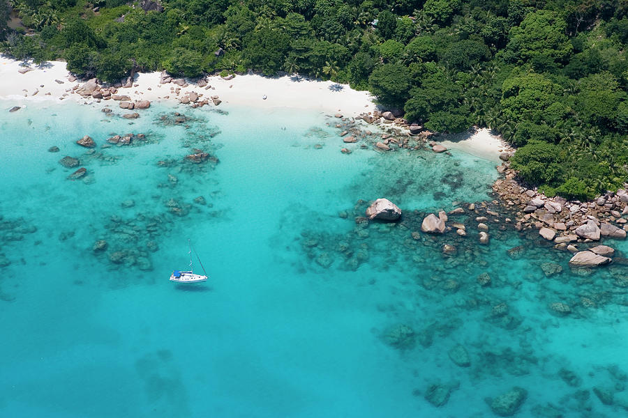 Aerial Of Sailboat Off Anse Lazio Photograph by Holger Leue Aerial Of Sailboat Off Anse Lazio Photograph by Holger Leue