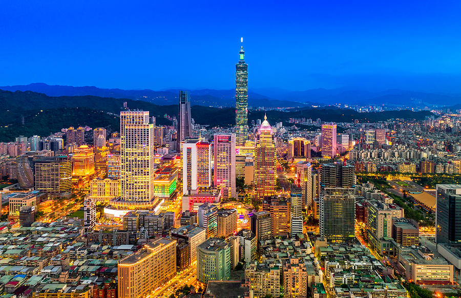 Aerial panorama over Downtown Taipei at night Photograph by GoranQ