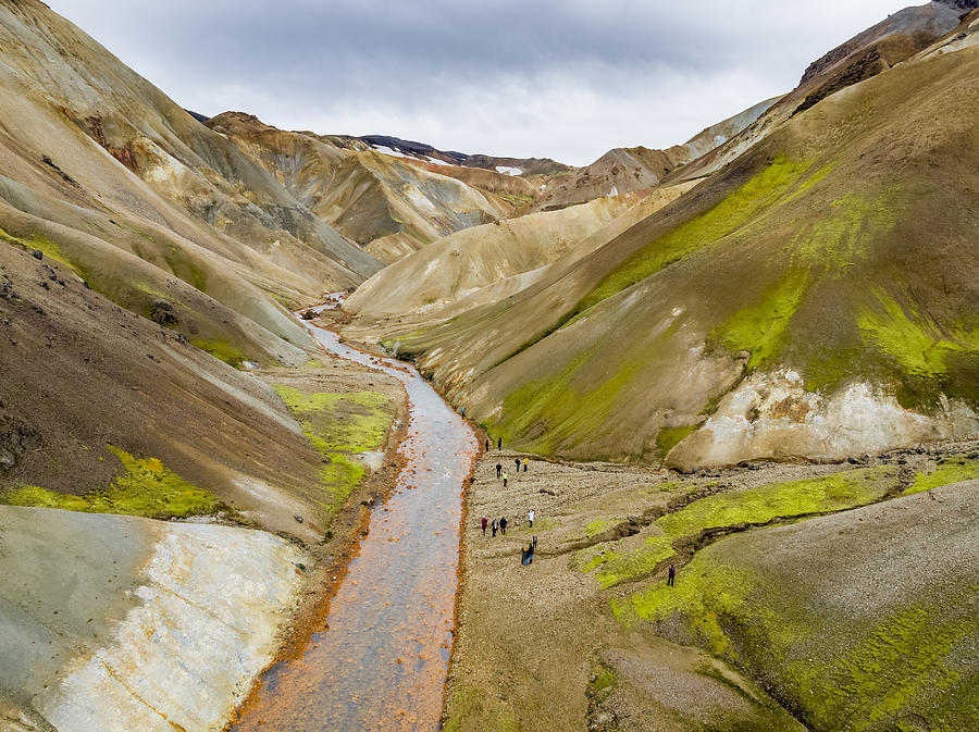 Aerial- People by the Jokulgilskvisl River in Landmannalaugar, Iceland Photograph by Arctic-Images