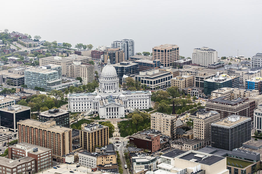 Aerial photo of downtown Madison, Wis. and the Wisconsin State Capitol. Photograph by Timhughes