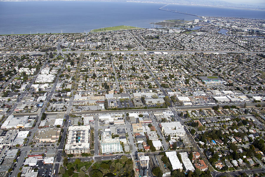 Aerial photography view north-east of central San Mateo and Foster City, San Francisco Bay Area. California, United States. Photograph by Andrew Holt