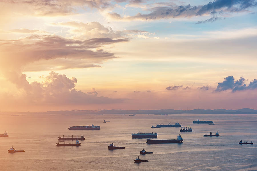 Aerial View Asian Container Ships Freight Transportation Sunrise Photograph by Mlenny