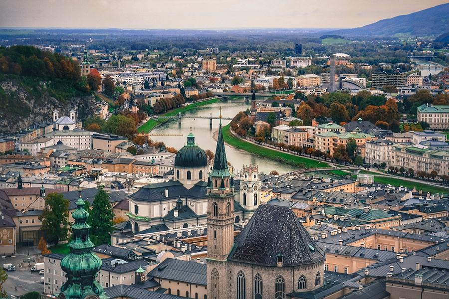 Aerial view from the roof of Hohensalzburg fortress in the city of Salzburg, Austria Photograph by Zcenerio