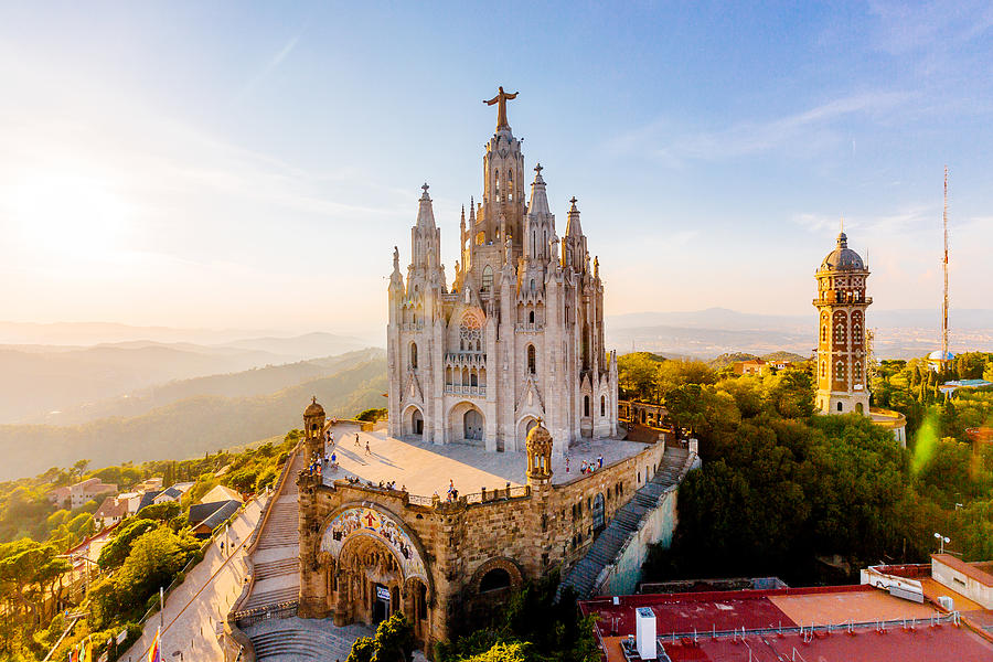 Aerial view of Barcelona skyline with Sagrat Cor temple, Catalonia, Spain Photograph by Alexander Spatari