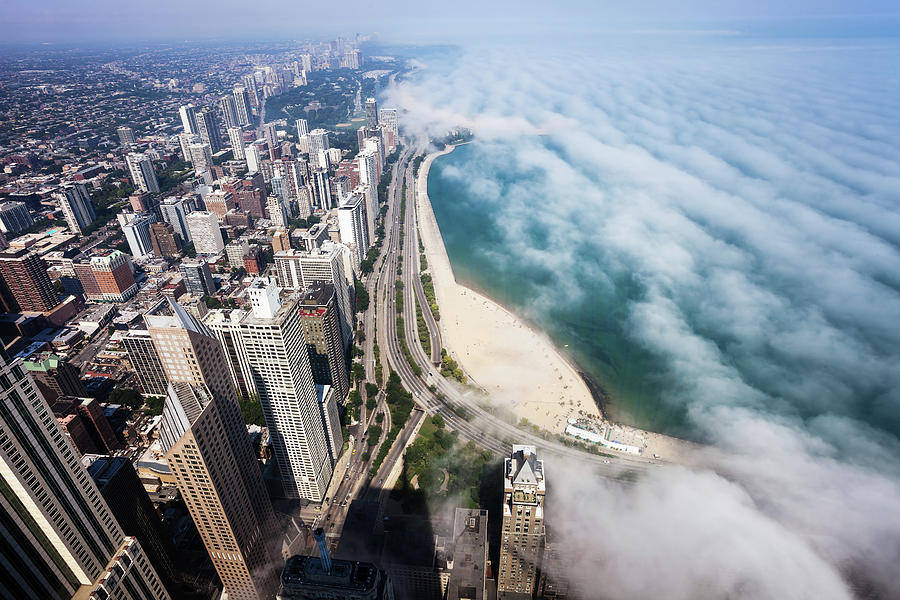 Lake Michigan Photograph - Aerial View Of Chicago Lakeshore With by Stevegeer