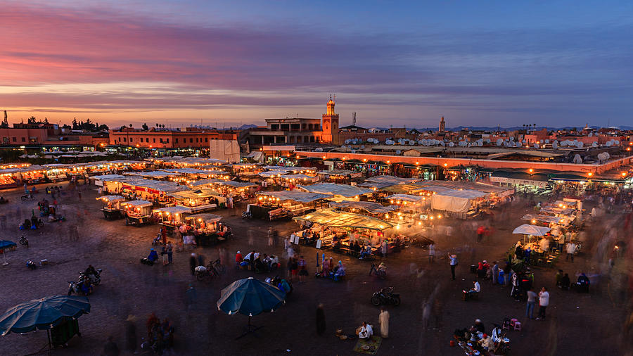Aerial view of  Djemaa el Fna square, Marrakech, Morocco. Photograph by Bartosz Hadyniak