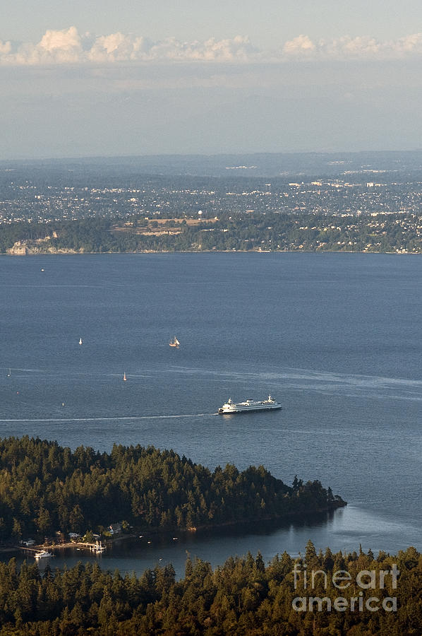 Aerial view of Ferry boats on Puget Sound leaving bainbridge Isl Photograph by Jim Corwin