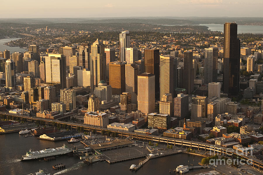 Aerial view of Seattle Skyline along waterfront Photograph by Jim Corwin