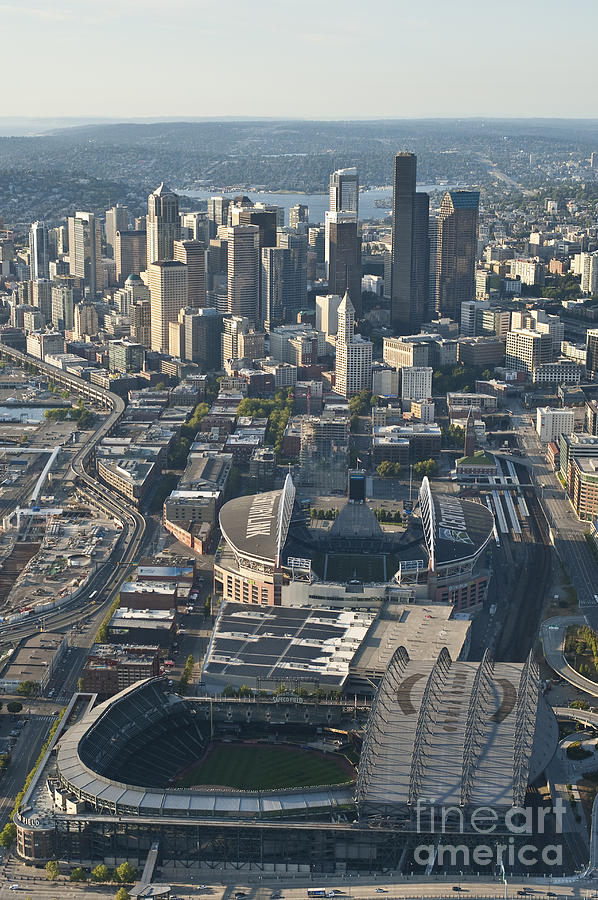 Aerial view of Seattle skyline with the pro sports stadiums Photograph by Jim Corwin
