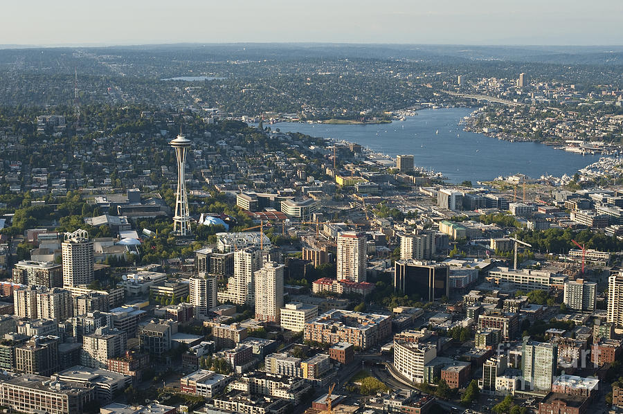 Aerial view of Space Needle and Lake Union Photograph by Jim Corwin