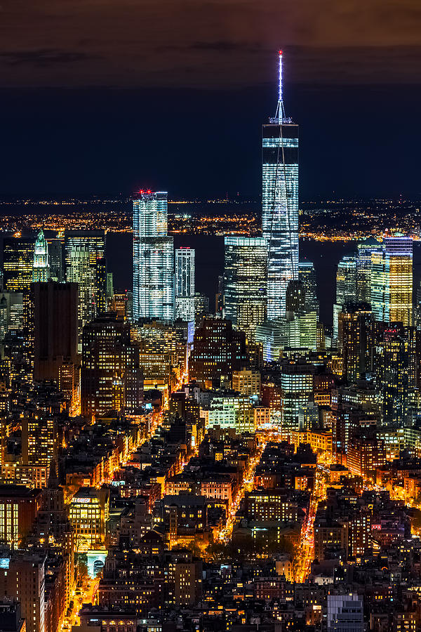 Architecture Photograph - Aerial view of the Lower Manhattan skyscrapers by night by Mihai Andritoiu