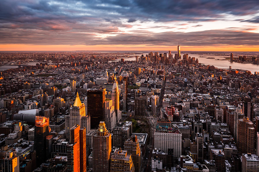 Aerial view of the Manhattan skyline at sunset Photograph by Mihai Andritoiu