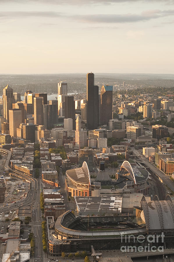 Aerial view of the Seattle skyline with stadiums Photograph by Jim Corwin