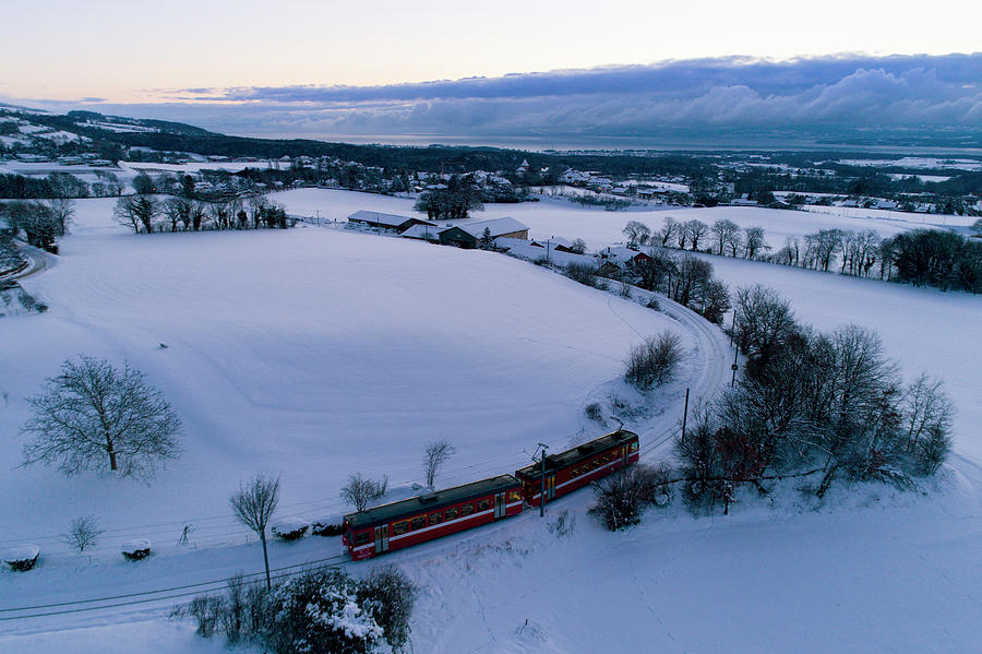 Nature Photograph - Aerial View Of Train In Snowy Landscape by Raffi Maghdessian