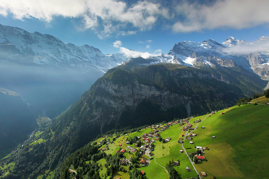 Nature Photograph - Aerial View Of Village Of Murren by Menno Boermans