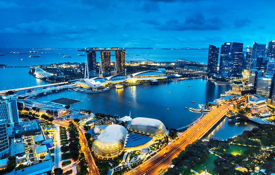 Aerial View Singapore, Marina Bay at Dusk Photograph by Nikada