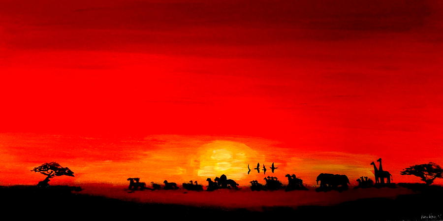 Africa Sunrise Landscape Red Painting by Katy Hawk