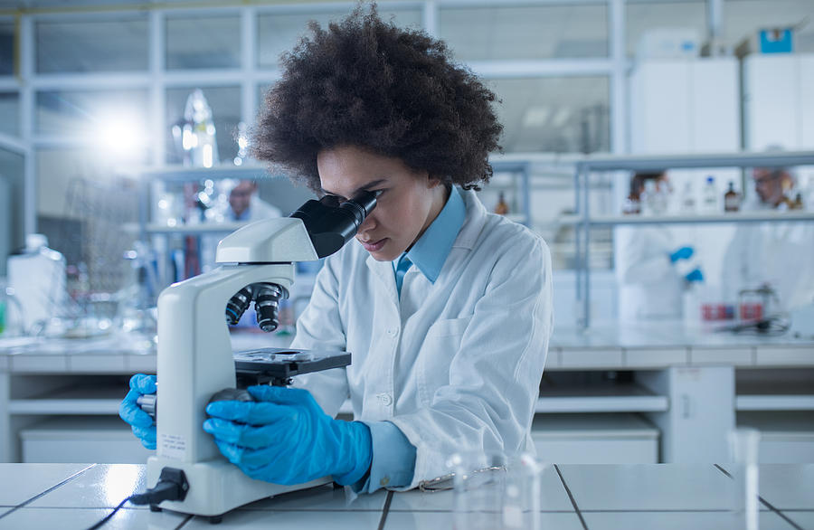 African American female doctor looking through a microscope while working on scientific research in laboratory. Photograph by Skynesher