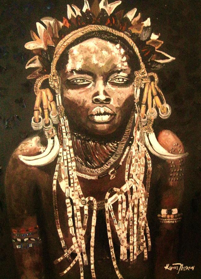 African Beauty - Mursi Tribal Girl Painting by Kowie Theron