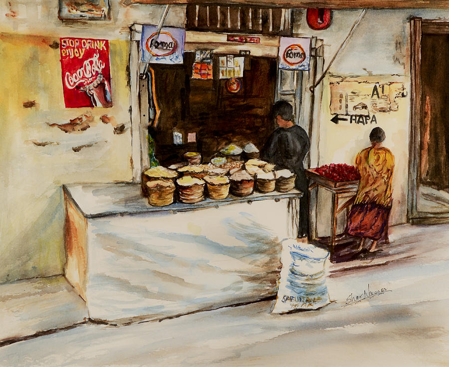 African corner store Painting by Sher Nasser