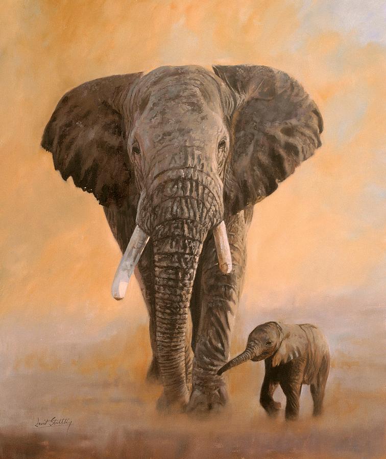 Sunset Painting - African Elephants by David Stribbling
