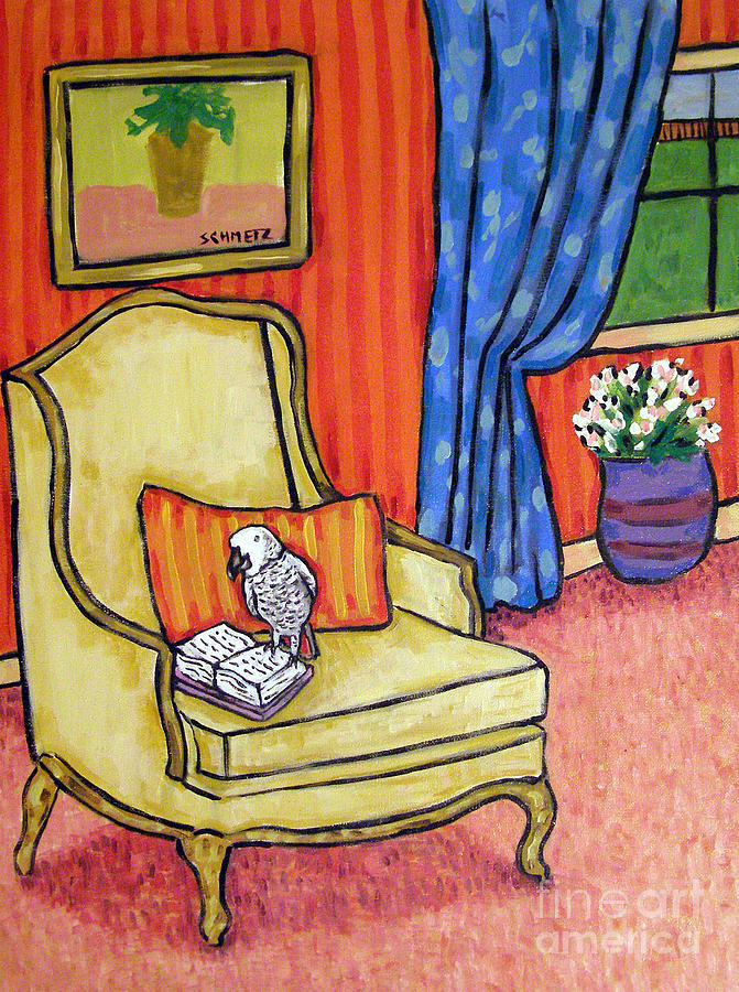 Parrot Painting - African Grey Parrot in the Library by Jay  Schmetz