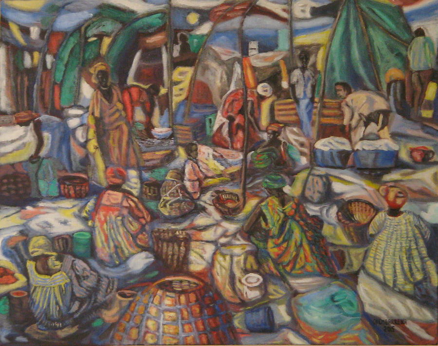African Market Painting by Enrique Ojembarrena
