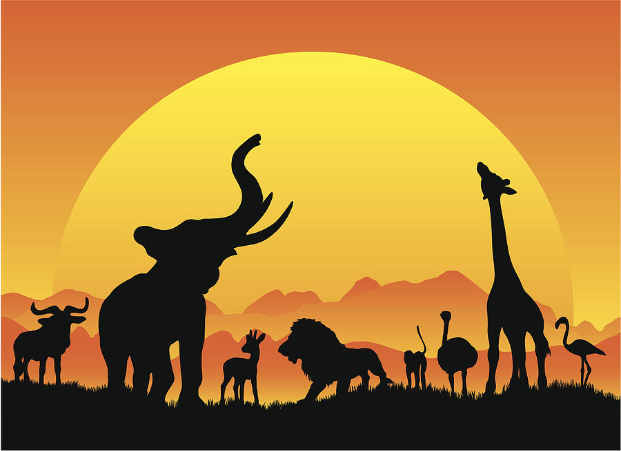 African safari silhouetes in black with sun Drawing by Ace_Create