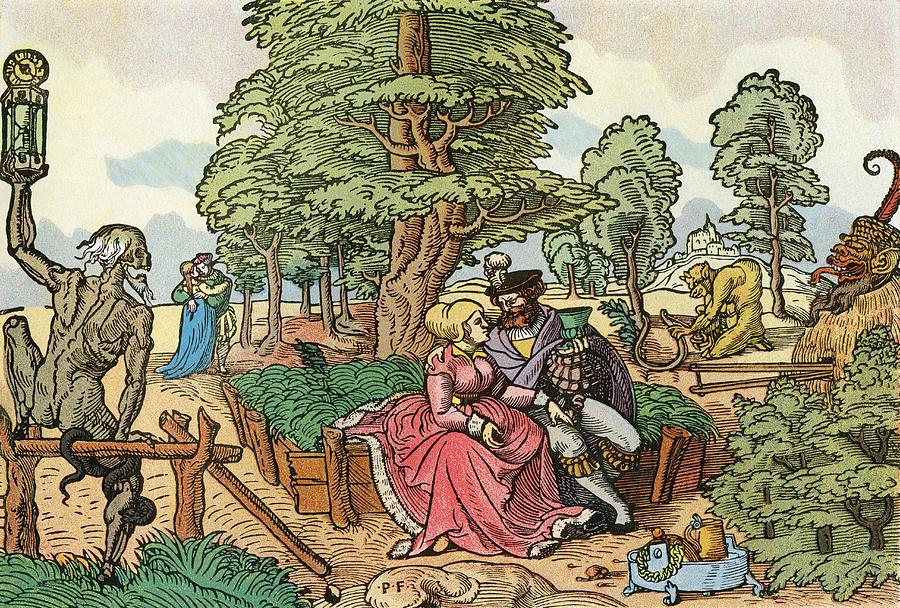 Snake Photograph - After A 16th Century Woodcut By Peter Flötner Entitled The Hazards Of Love.  Lovers In A Garden by Bridgeman Images