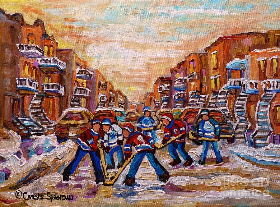 After School Winter Fun Street Hockey Paintings Of Montreal City Scenes Carole Spandau Painting by Carole Spandau