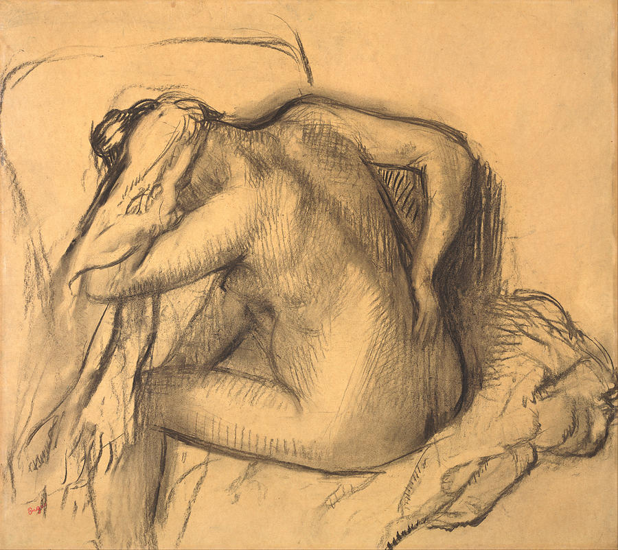 After the Bath .Woman Drying Her Hair Drawing by Edgar Degas