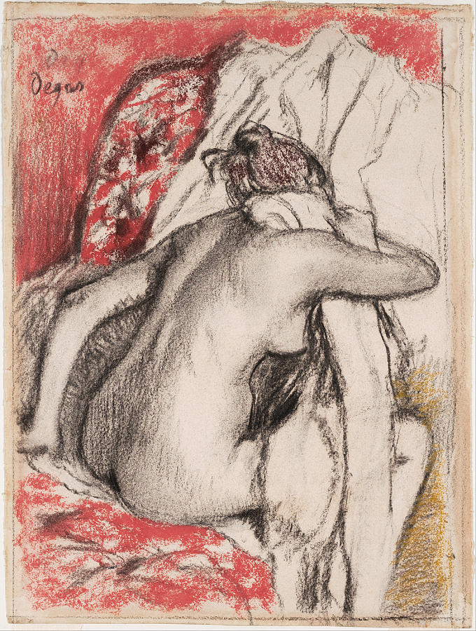 After the Bath.Seated Woman Drying Herself Drawing by Edgar Degas