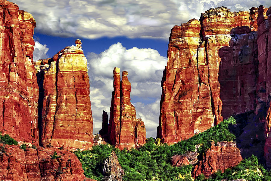 Mountain Painting - Afternoon Cathedral Rocks Saddle View Red Rock State Park Sedona Arizona by Bob and Nadine Johnston