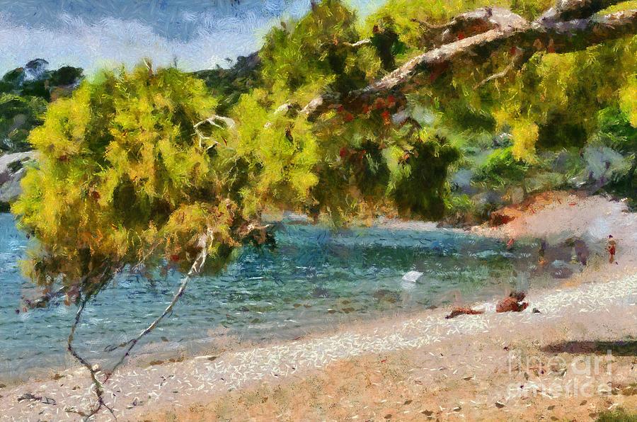 Tree Painting - Agia Paraskevi beach in Spetses island by George Atsametakis