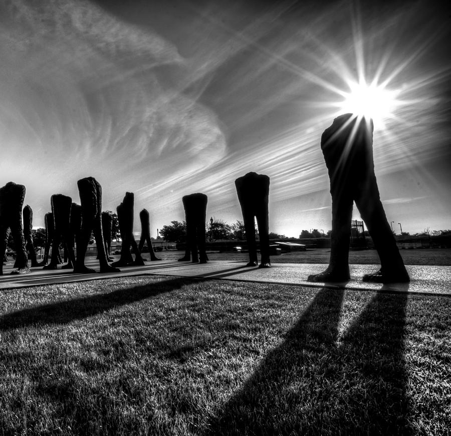 Agora Sculpture in the Morning with Sunburst in Black and White Photograph by Anthony Doudt