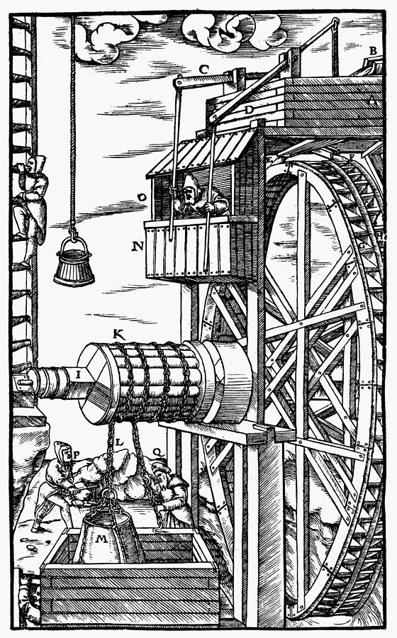 Agricola Waterwheel, 1556 Painting by Granger