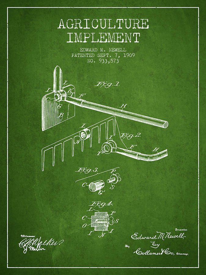 Vintage Digital Art - Agriculture Implement patent from 1909 - Green by Aged Pixel