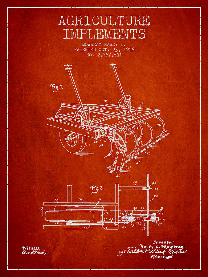 Vintage Digital Art - Agriculture Implements patent from 1956 - Red by Aged Pixel