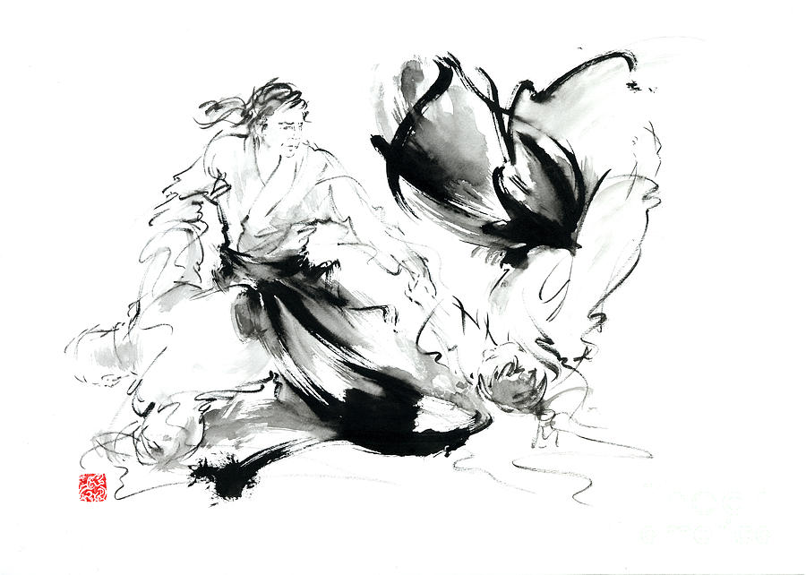 Aikido randori techniques kimono martial arts sumi-e samurai ink painting artwork Painting by Mariusz Szmerdt