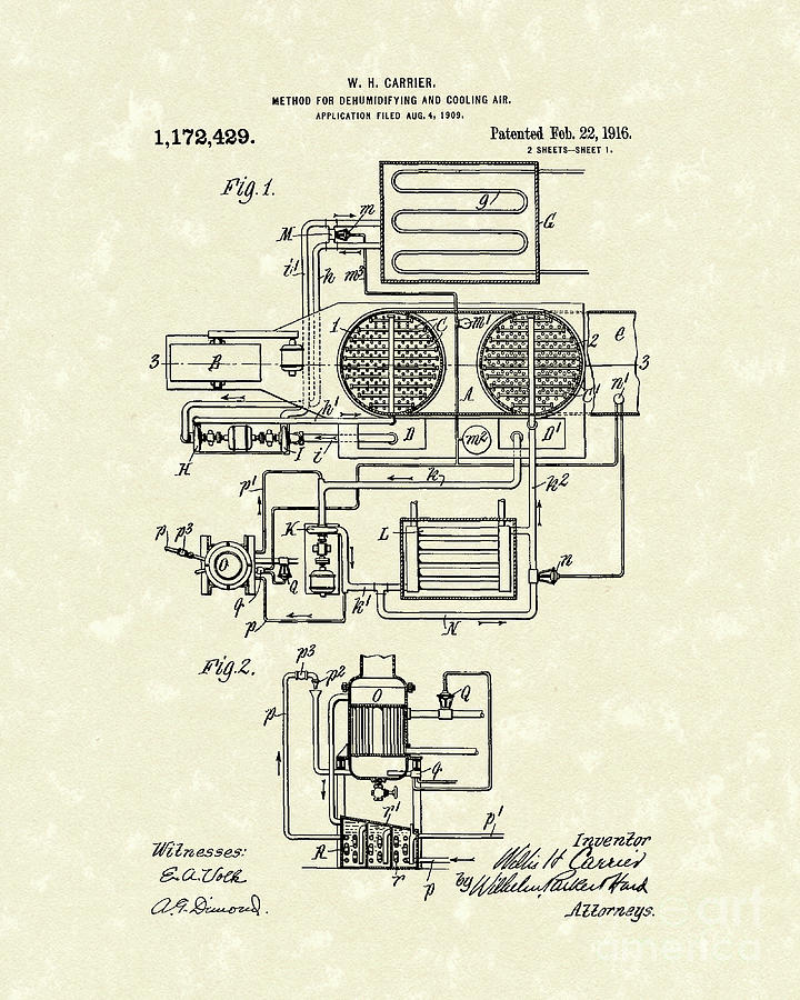 Carrier Drawing - Air Conditioner 1916 Patent Art by Prior Art Design