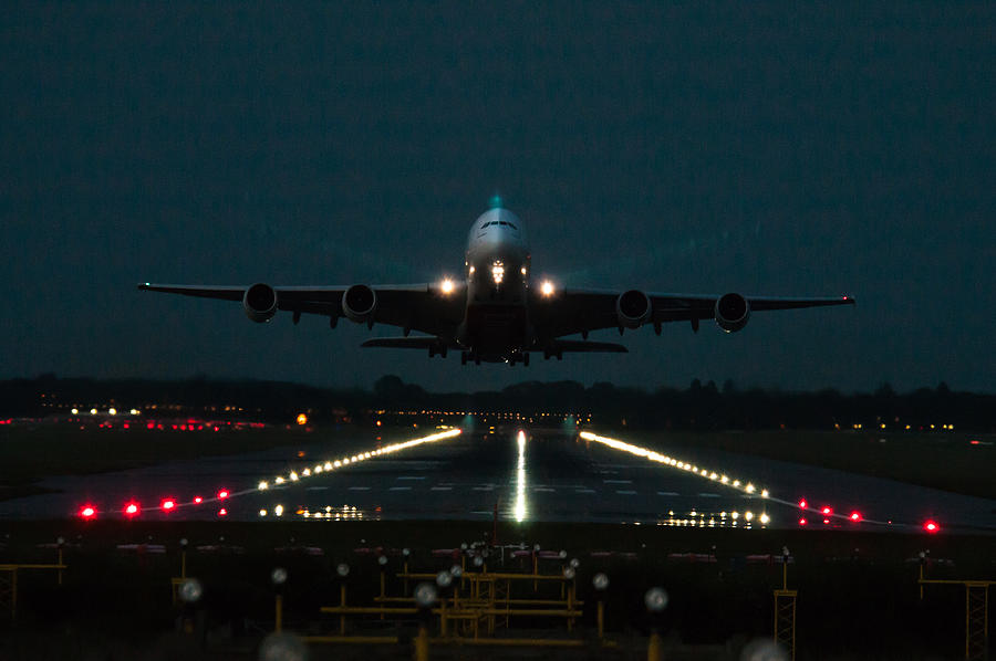 Airbus A380 take-off at dusk Photograph by Tim Beach