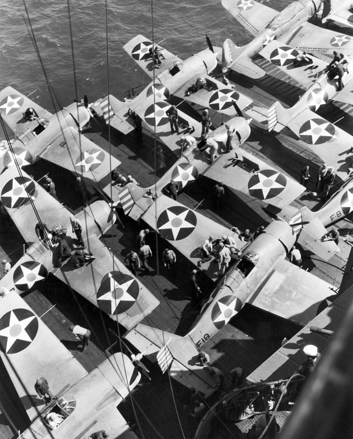 Airplane Photograph - Aircraft Carrier Planes Reload by Underwood Archives