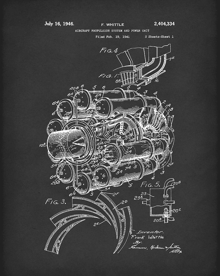 Whittle Drawing - Aircraft Propulsion 1946 Patent Art Black by Prior Art Design