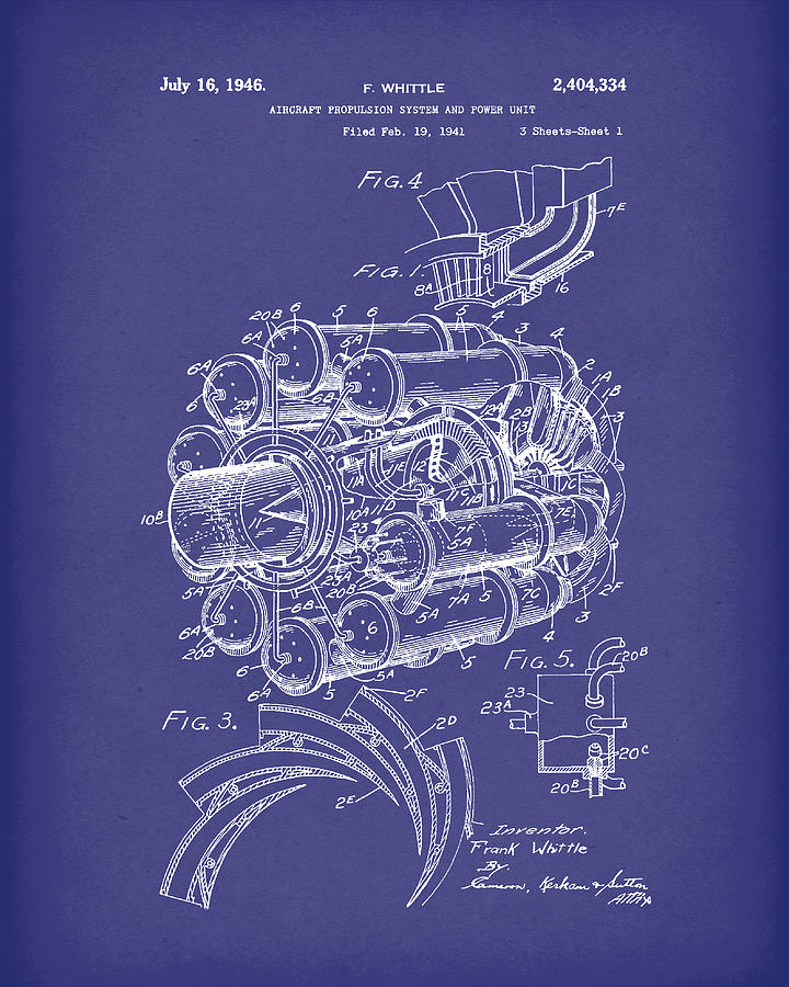 Aircraft Propulsion 1946 Patent Art Blue Drawing by Prior Art Design