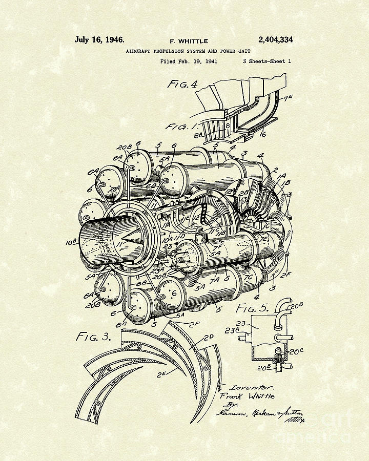 Aircraft Propulsion 1946 Patent Art Drawing by Prior Art Design