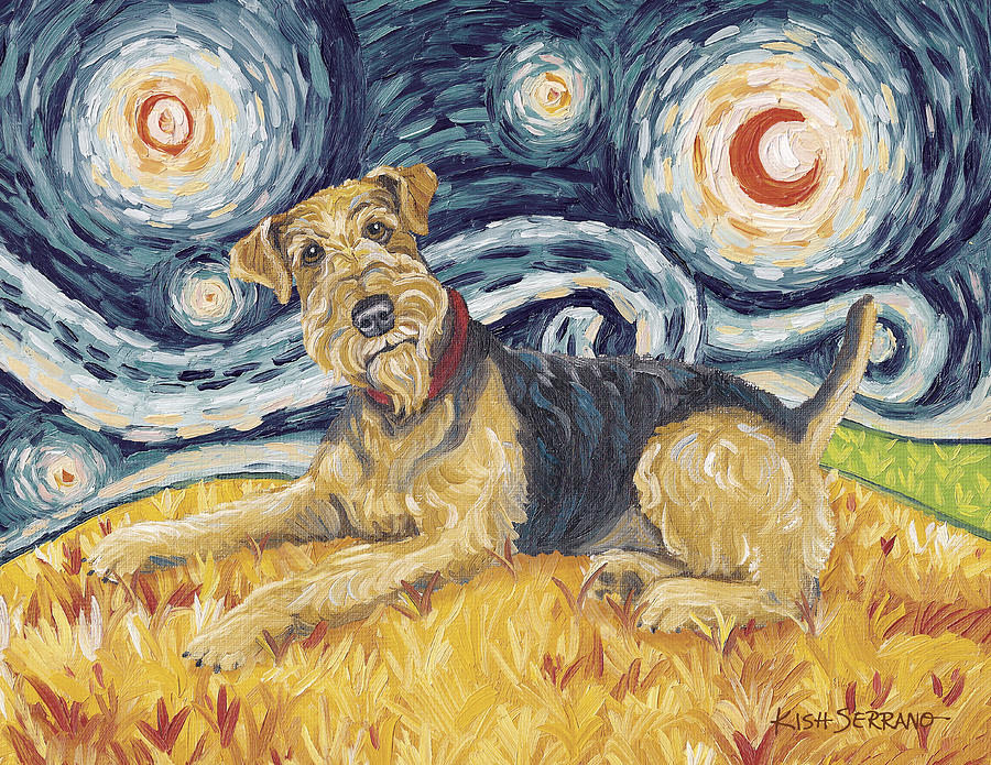 Vincent Van Gogh Painting - Airedale Terrier on a Starry Night by Gretchen Kish Serrano