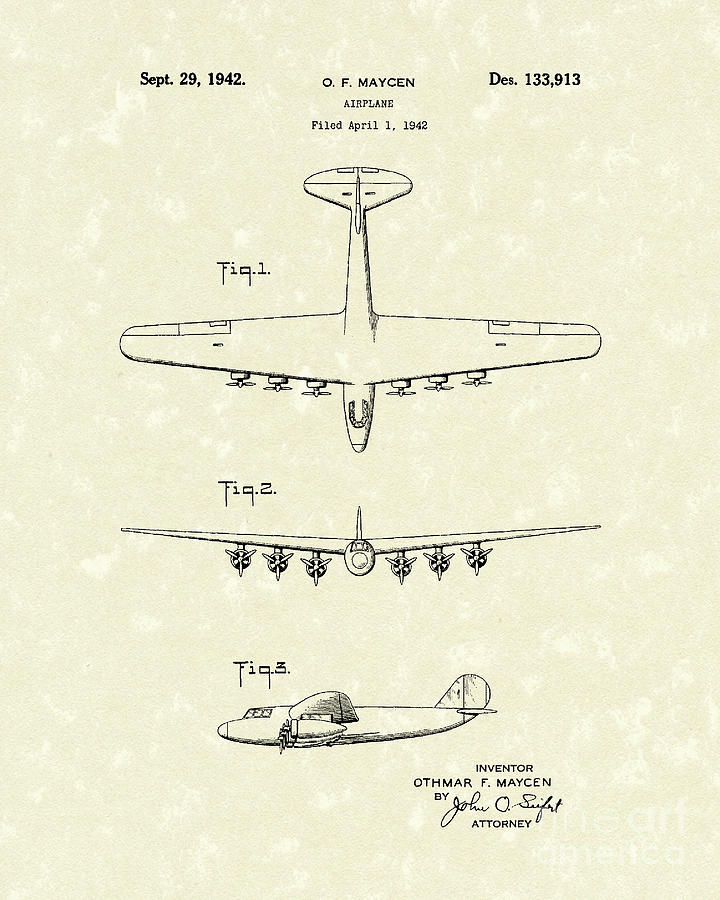 Airplane 1942 Patent Art Drawing by Prior Art Design