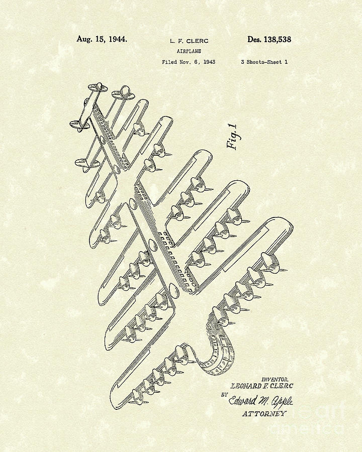 Airplane 1944 Patent Art Drawing by Prior Art Design