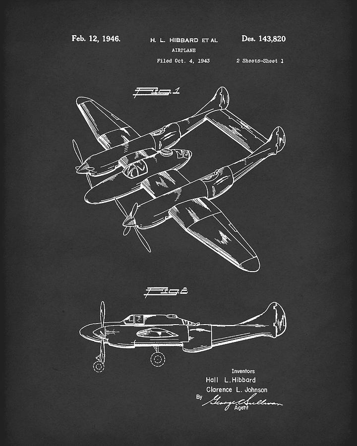 Airplane 1946 Patent Art Black Drawing by Prior Art Design