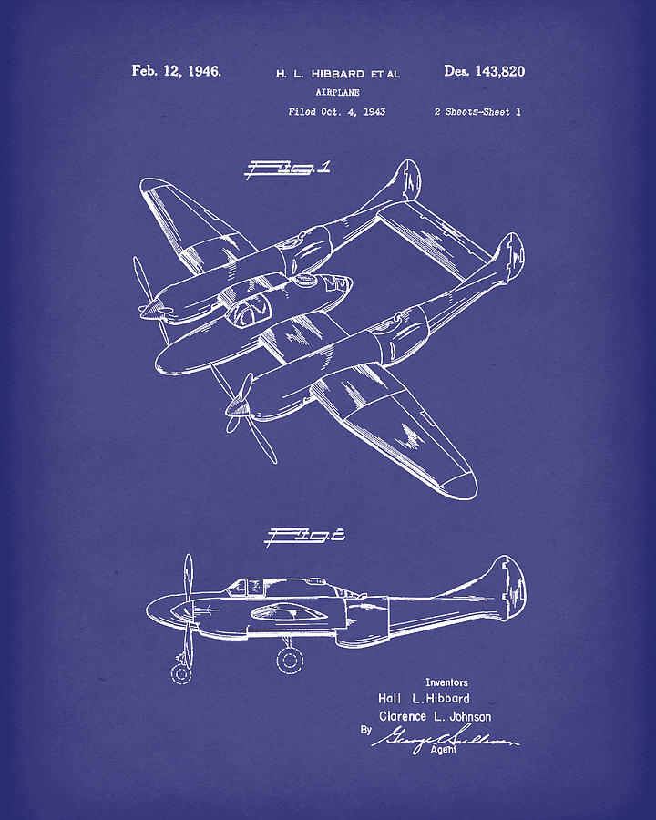 Airplane 1946 Patent Art Blue Drawing by Prior Art Design